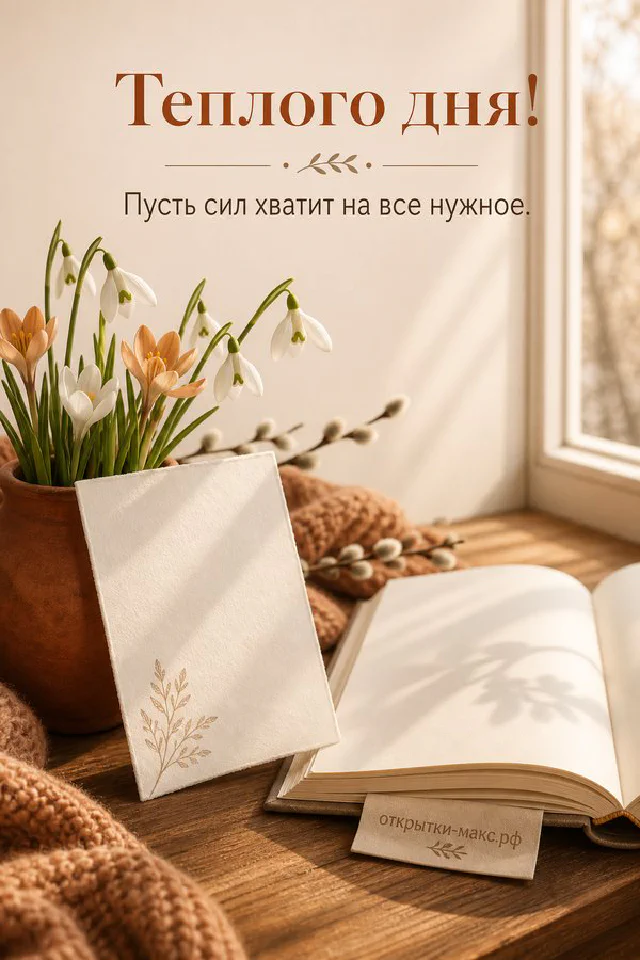 Акварельная открытка с голубой кружкой и жёлтыми ромашками с надписью Тёплого дня — вариант 3