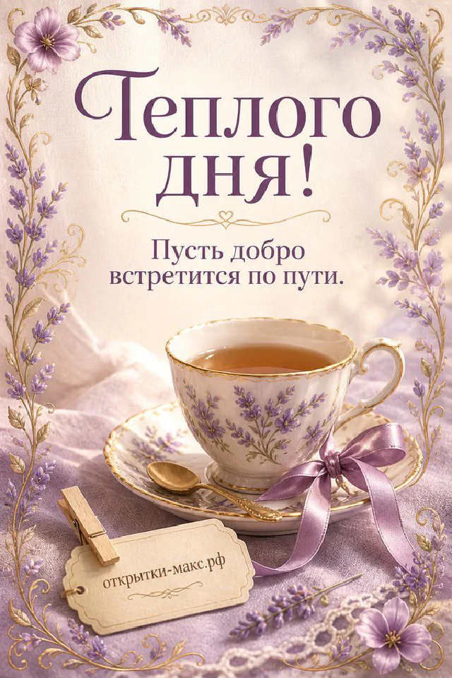 Чашка тёмного чая на деревянном столе с кленовыми листьями и открыткой с надписью Тёплого дня — вариант 4