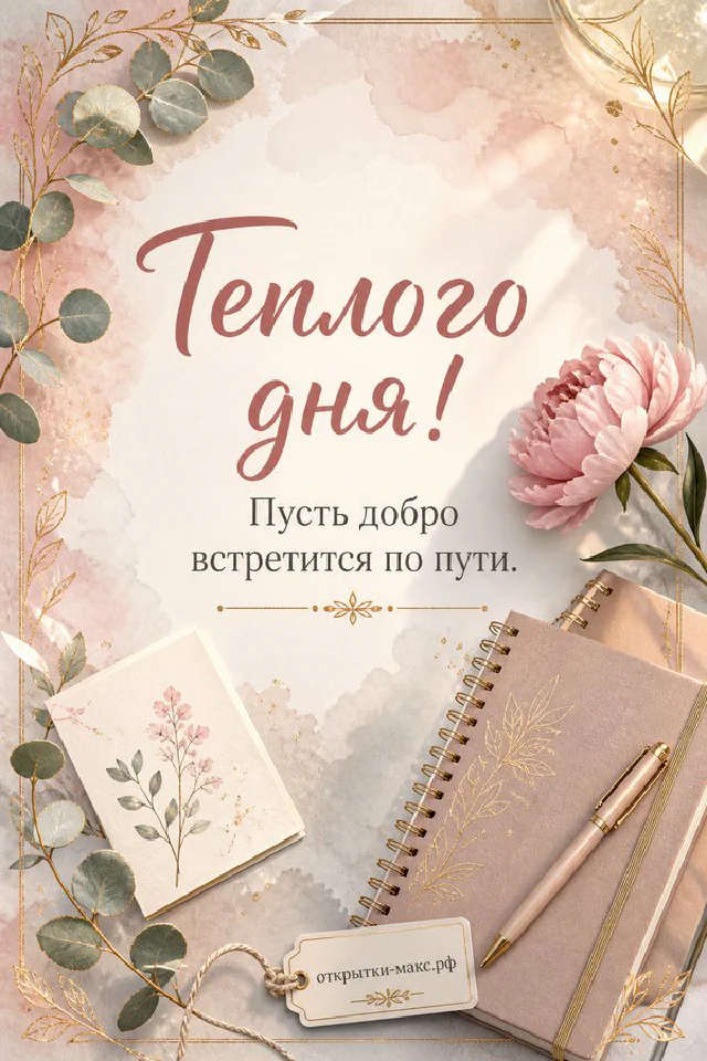 Чашка тёмного чая на деревянном столе с кленовыми листьями и открыткой с надписью Тёплого дня — вариант 3