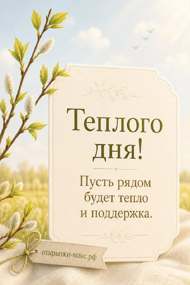 Открытка с лавандой и горящей свечой, золотое перо и надпись «Тёплого дня!» на лиловом фоне — вариант 2