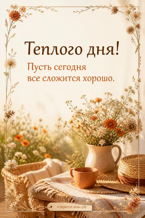 Полевые цветы в глиняном кувшине на плетёном стуле, открытка с надписью «Тёплого дня!»