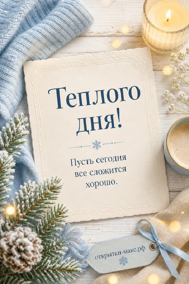 Полевые цветы в глиняном кувшине на плетёном стуле, открытка с надписью «Тёплого дня!» — вариант 2
