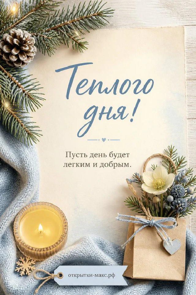 Ваза с ромашками на подоконнике рядом с чашкой чая и книгой в солнечный летний день с надписью Тёплого дня — вариант 2