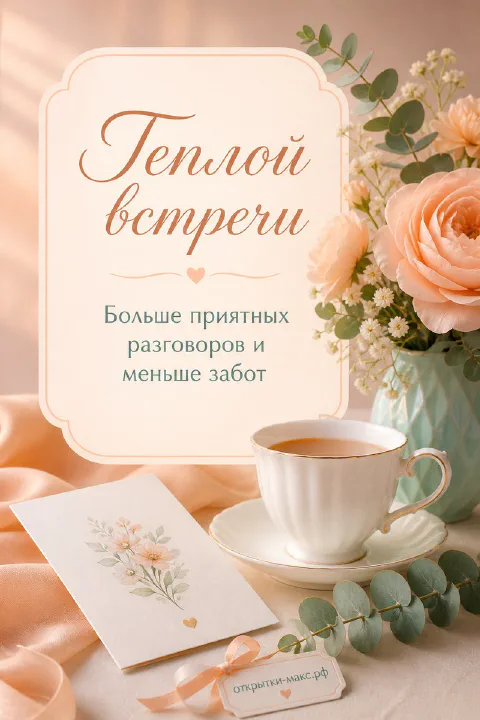 Чашка чая на блюдце, персиковые розы в вазе с эвкалиптом и цветочная записка на светлом персиковом фоне
