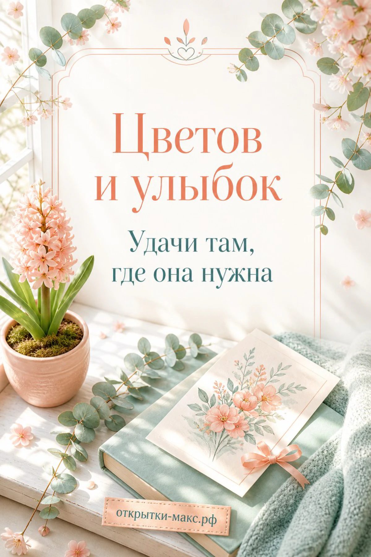 Горшок с розовым гиацинтом, ветки эвкалипта и книга с розовым бантом, надпись «Цветов и улыбок»