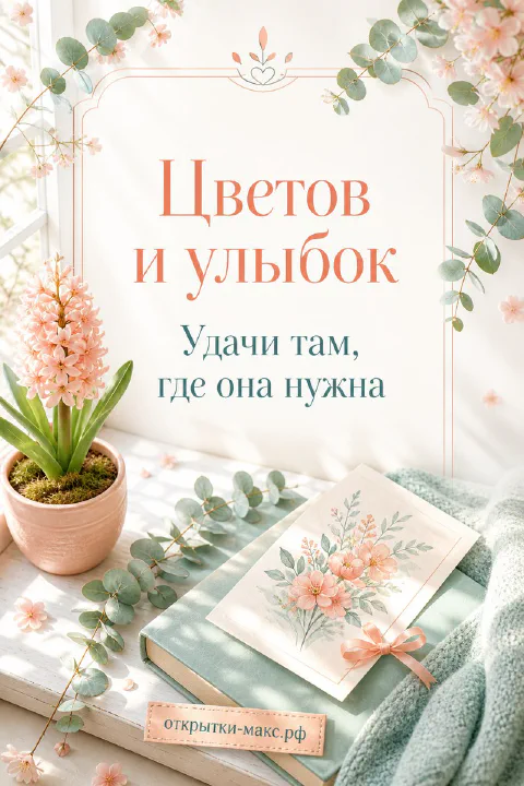 Горшок с розовым гиацинтом, ветки эвкалипта и книга с розовым бантом, надпись «Цветов и улыбок»
