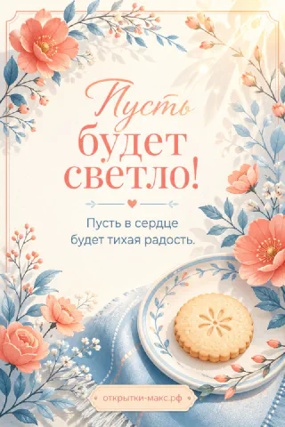 Акварельная открытка с персиковыми цветами в рамке и печеньем на синей тарелочке