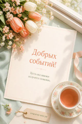 Букет персиковых тюльпанов и чашка чая рядом с открыткой с надписью «Добрых событий! Пусть все важное получится спокойно»