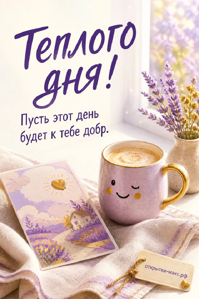 Открытка с розовыми тюльпанами и белым конвертом на атласной ткани, рядом ромашки и лаванда — вариант 2