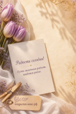 Фиолетовые тюльпаны и веточки лаванды на шёлке рядом с открыткой «Радости сегодня»