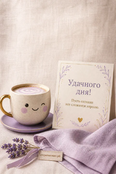 Большая кружка капучино с рисунком улыбающегося лица рядом с открыткой на лавандовом фоне
