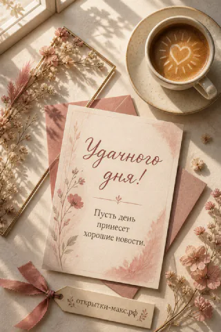 Открытка удачного дня с чашкой капучино с сердечком, розовым конвертом и розовыми сухоцветами на бежевом фоне