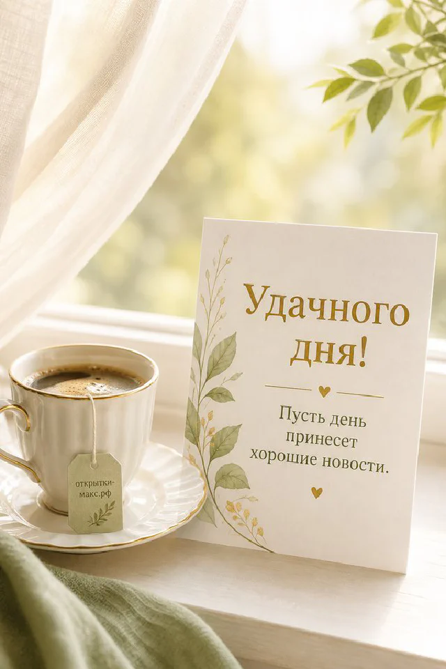 Открытка удачного дня с чашкой капучино с сердечком, розовым конвертом и розовыми сухоцветами на бежевом фоне — вариант 4