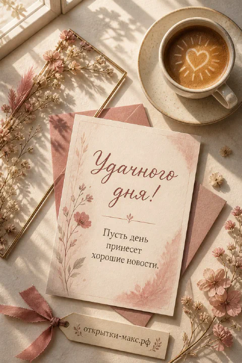 Открытка удачного дня с чашкой капучино с сердечком, розовым конвертом и розовыми сухоцветами на бежевом фоне