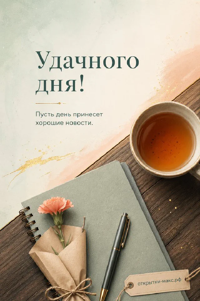 Открытка удачного дня с чашкой капучино с сердечком, розовым конвертом и розовыми сухоцветами на бежевом фоне — вариант 3