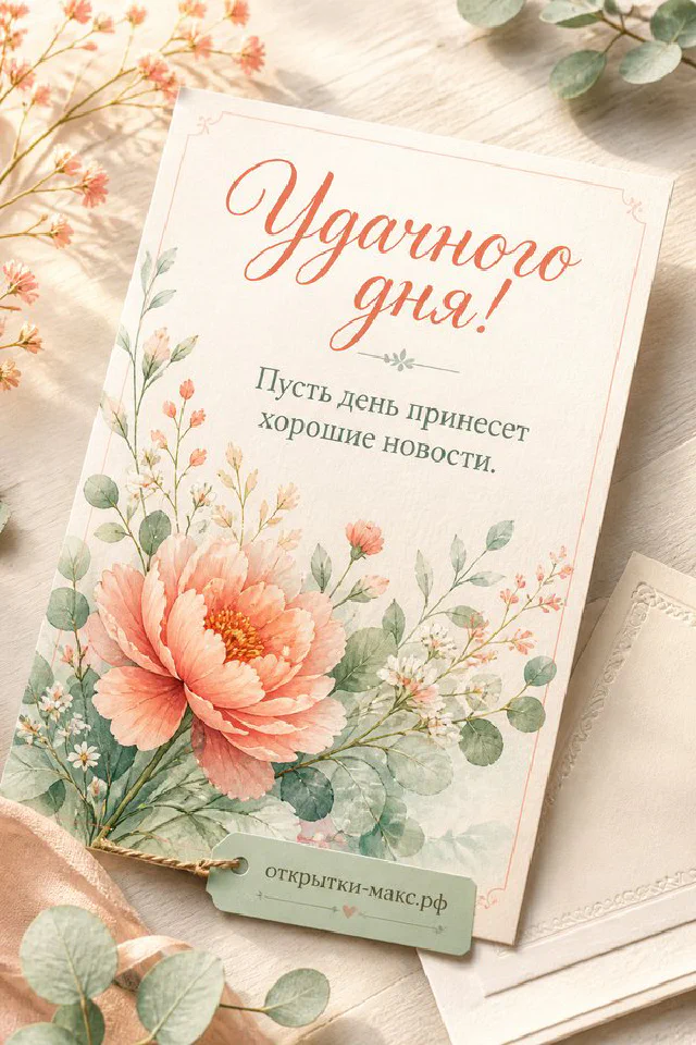 Открытка удачного дня с чашкой капучино с сердечком, розовым конвертом и розовыми сухоцветами на бежевом фоне — вариант 5