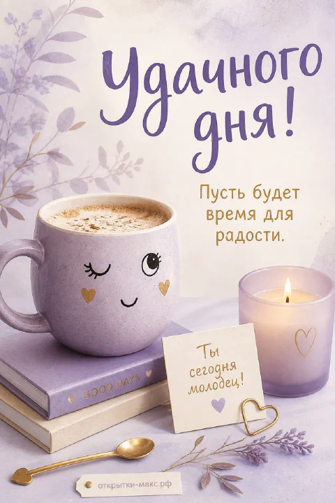 Лиловая чашка кофе с нарисованной улыбкой и сердечками на стопке книг рядом со свечой и запиской «Ты сегодня молодец»