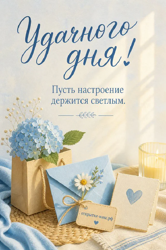Пушистый светлый кот лежит на книге рядом с чашкой кофе и вазой с растением с надписью Удачного дня — вариант 4