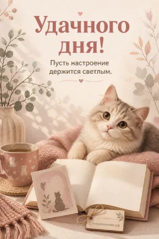 Пушистый светлый кот лежит на книге рядом с чашкой кофе и вазой с растением с надписью Удачного дня
