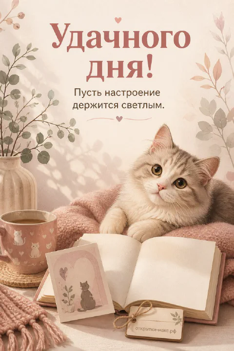 Пушистый светлый кот лежит на книге рядом с чашкой кофе и вазой с растением с надписью Удачного дня