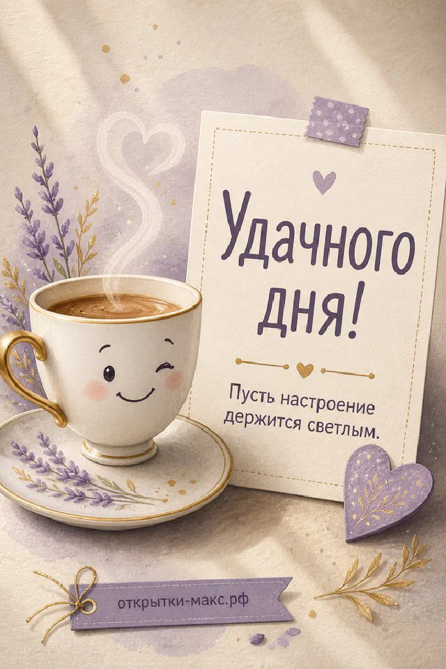Пушистый светлый кот лежит на книге рядом с чашкой кофе и вазой с растением с надписью Удачного дня — вариант 2