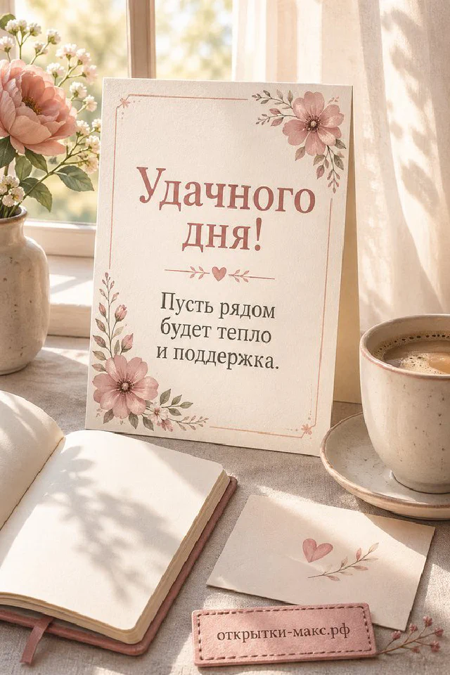 Акварельная кружка кофе с зелёными листьями на голубовато-золотом фоне с надписью Удачного дня — вариант 3