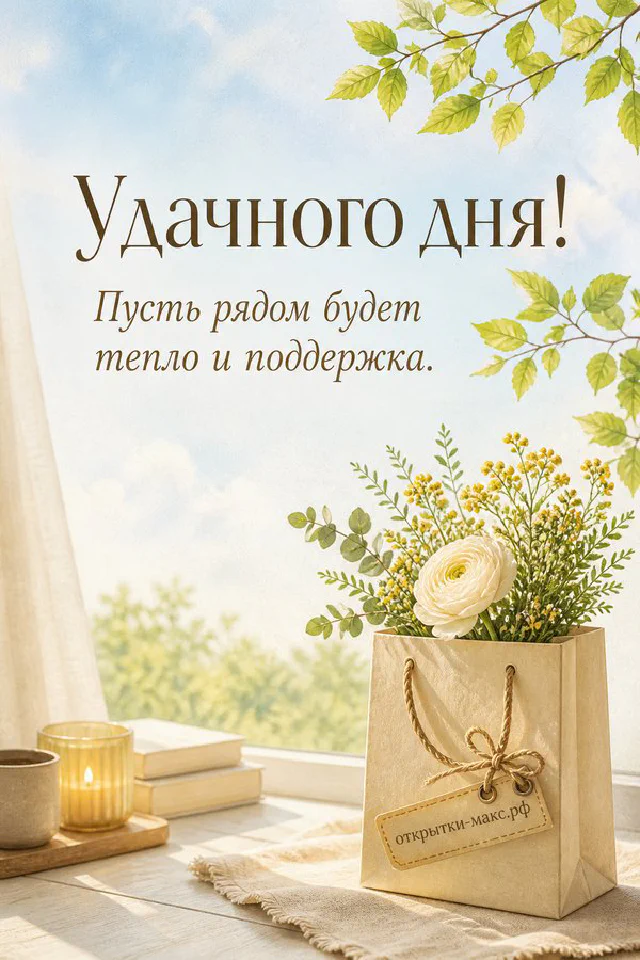 Акварельная кружка кофе с зелёными листьями на голубовато-золотом фоне с надписью Удачного дня — вариант 4