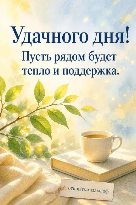 Акварельная кружка кофе с зелёными листьями на голубовато-золотом фоне с надписью Удачного дня