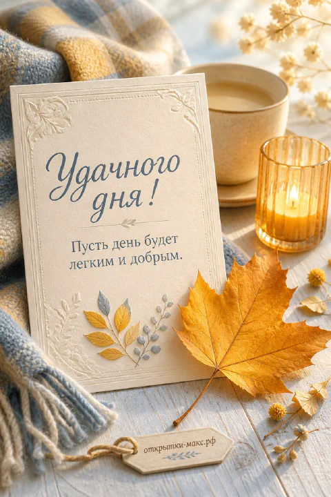Открытка «Удачного дня!» с жёлтым кленовым листом, горящей свечой и тёплым пледом