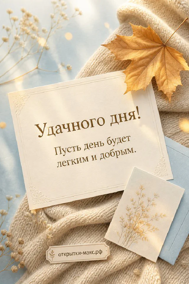 Открытка «Удачного дня!» с жёлтым кленовым листом, горящей свечой и тёплым пледом — вариант 2