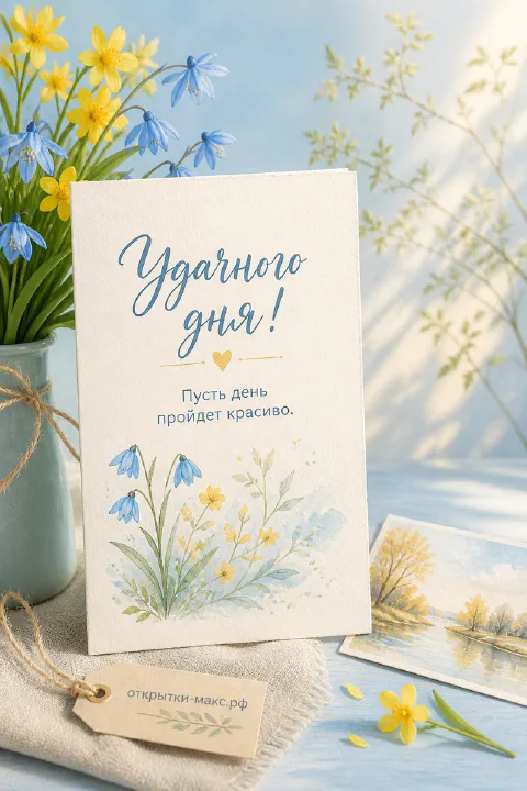 Открытка удачного дня с акварельными синими подснежниками и жёлтыми нарциссами у голубой вазы на белом фоне
