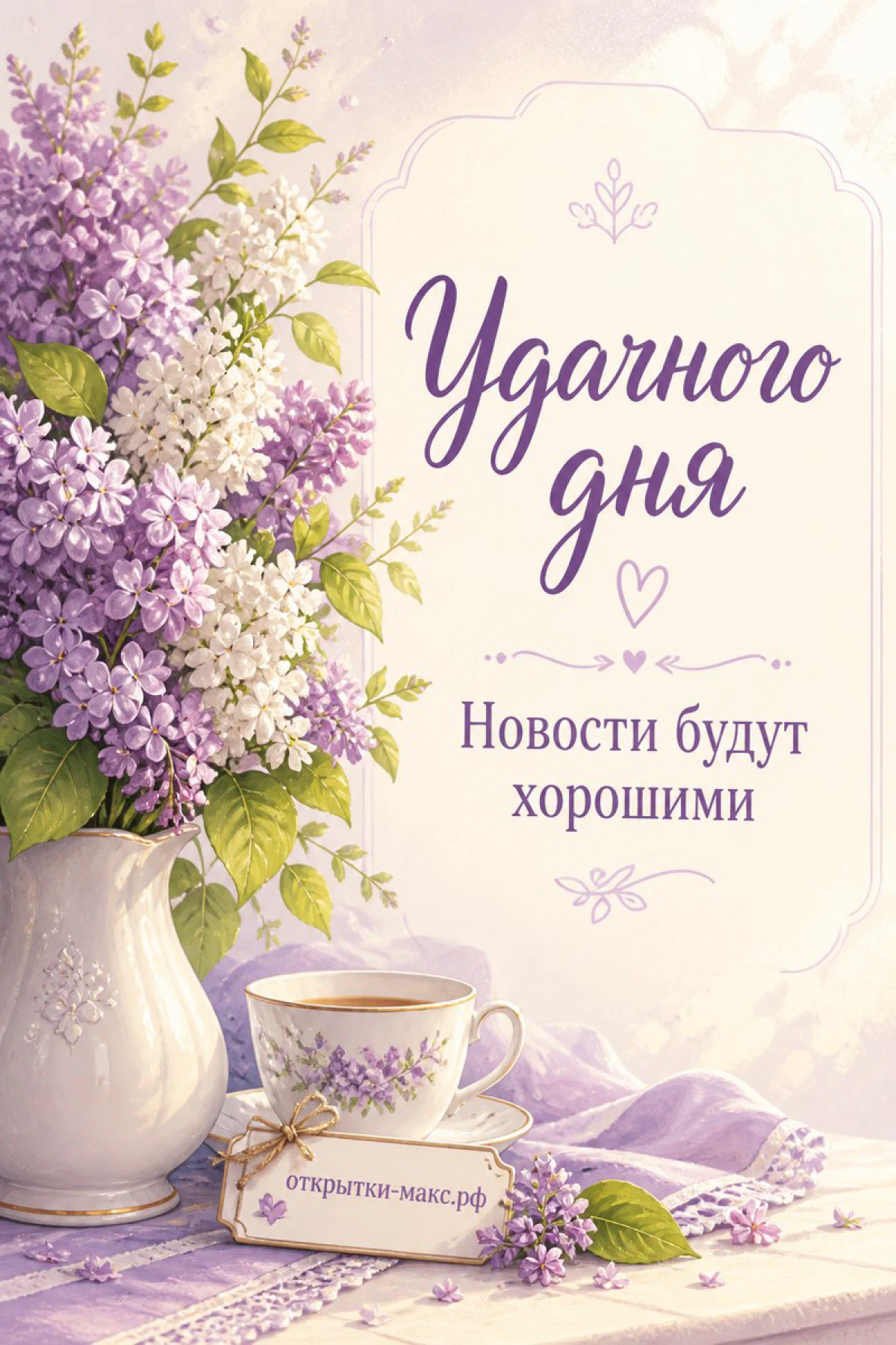 Белая ваза с фиолетовой и белой сиренью, чашка чая и карточка «Удачного дня» на лиловом фоне