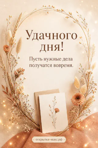 Круглый венок из сухих цветов, колосьев и хризантем на персиковом фоне с надписью Удачного дня