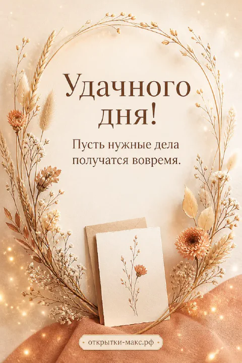 Круглый венок из сухих цветов, колосьев и хризантем на персиковом фоне с надписью Удачного дня