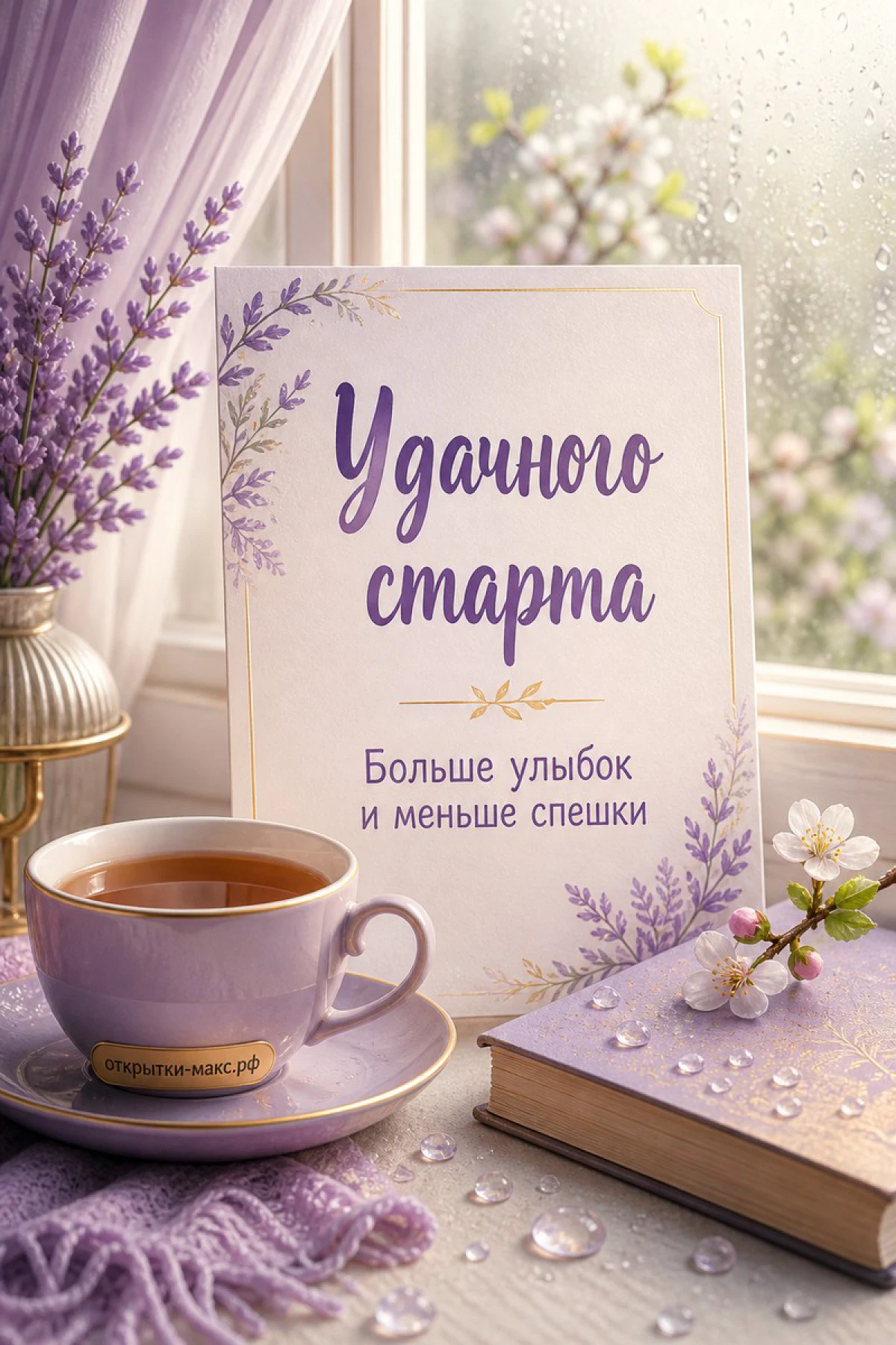 Чашка чая с лавандой и карточкой «Удачного старта, больше улыбок и меньше спешки» на подоконнике