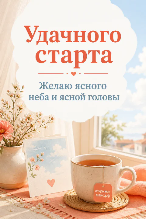Чашка чая у окна с видом на солнечный день, цветы и открытка «Удачного старта»