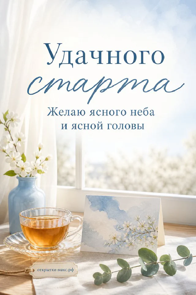 Чашка чая у окна с видом на солнечный день, цветы и открытка «Удачного старта» — вариант 2