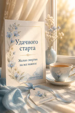 Голубая открытка с незабудками и чашкой чая у солнечного окна, надпись «Удачного старта»