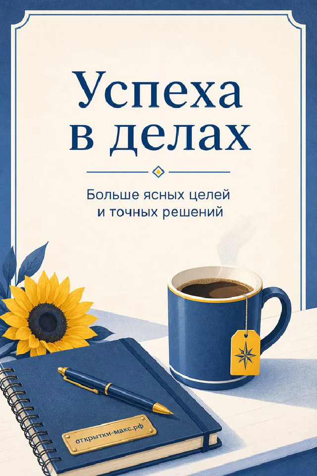 Открытка успеха в делах с чашкой кофе, фиолетовым ежедневником и вазой с лавандой на мраморном столе — вариант 2