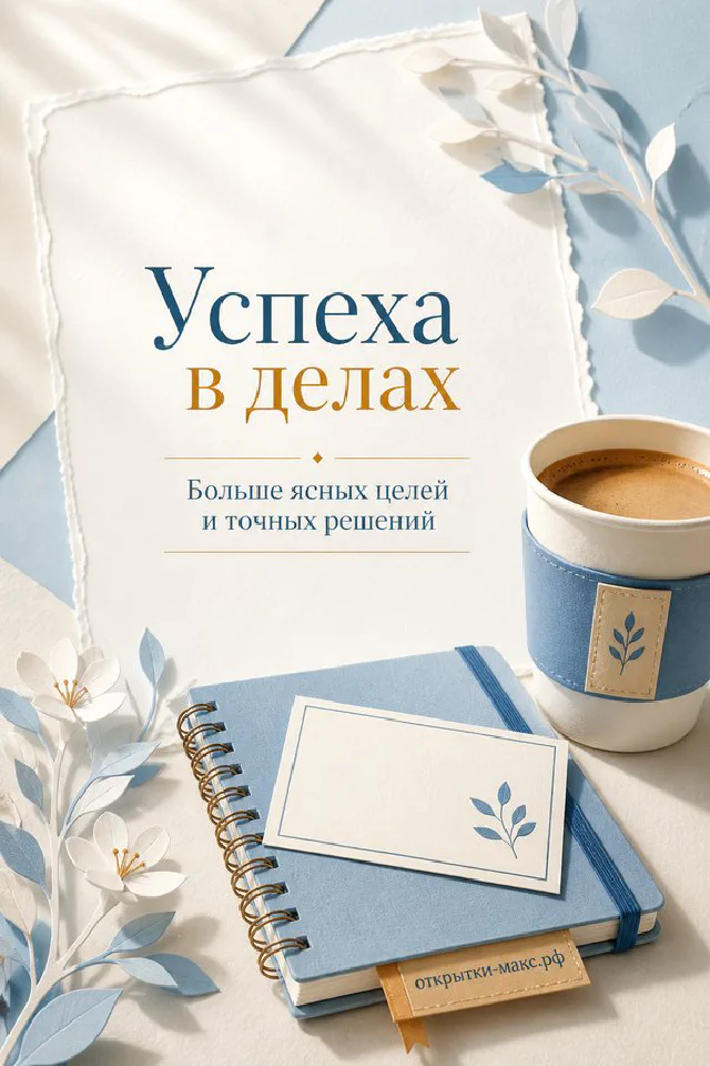 Открытка успеха в делах с чашкой кофе, фиолетовым ежедневником и вазой с лавандой на мраморном столе — вариант 5