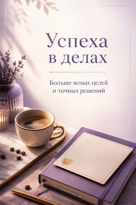 Открытка успеха в делах с чашкой кофе, фиолетовым ежедневником и вазой с лавандой на мраморном столе