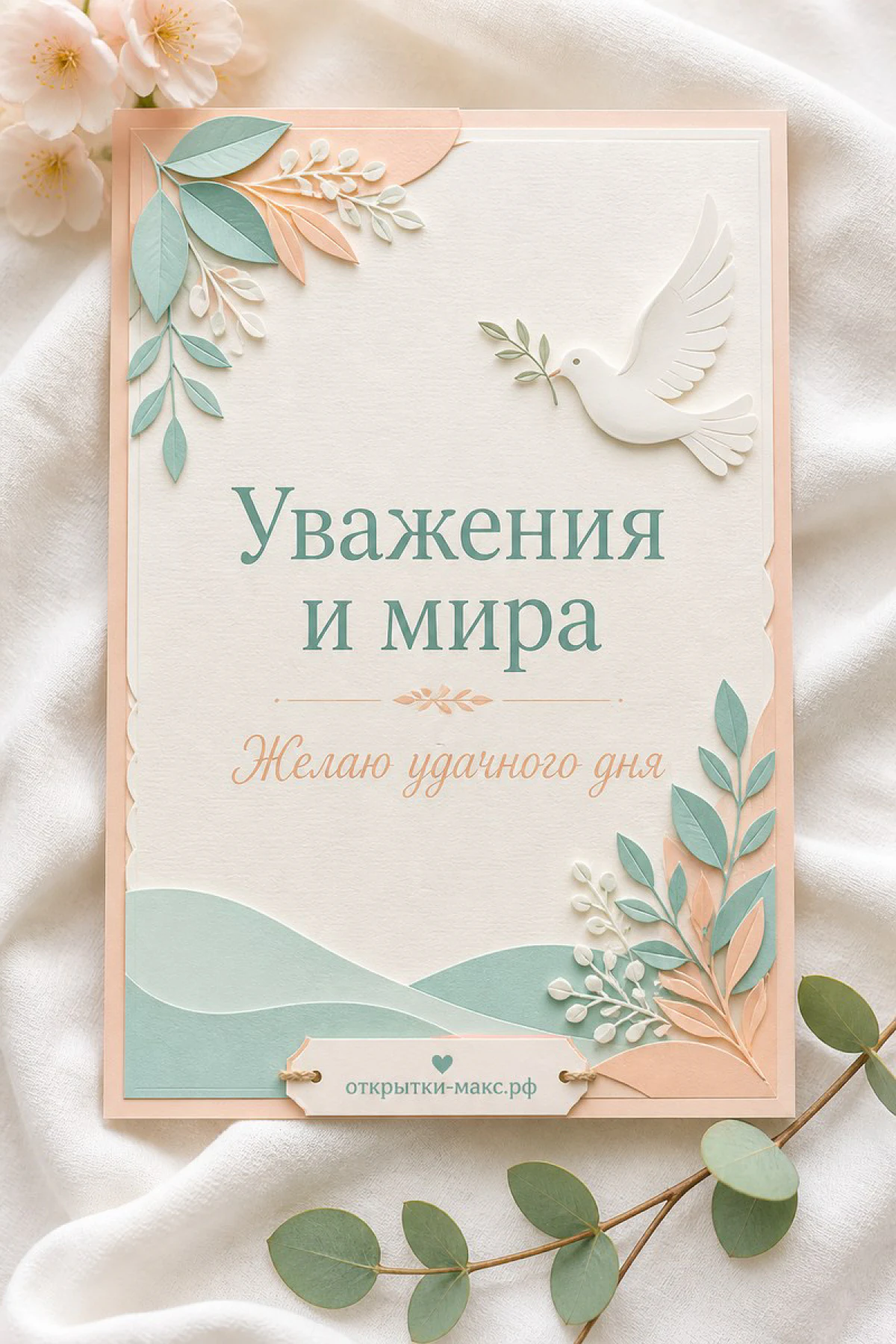 Открытка с белым голубем на фоне мятных и персиковых листьев