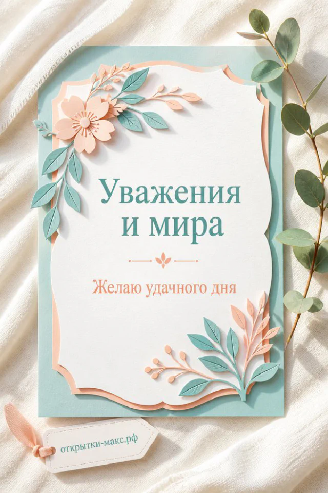 Открытка с белым голубем на фоне мятных и персиковых листьев — вариант 5