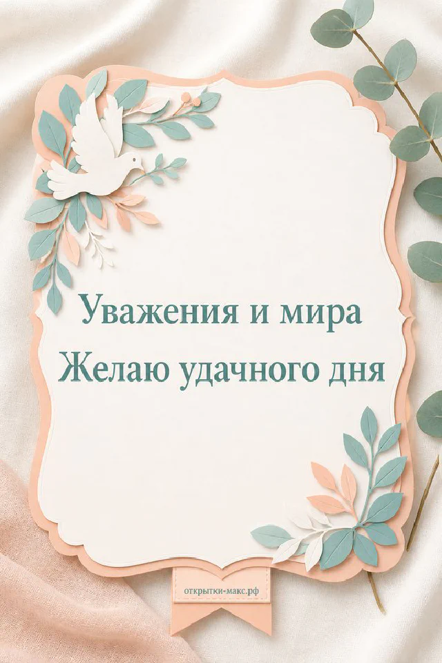 Открытка с белым голубем на фоне мятных и персиковых листьев — вариант 6