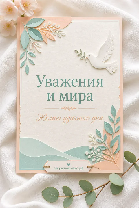 Открытка с белым голубем на фоне мятных и персиковых листьев