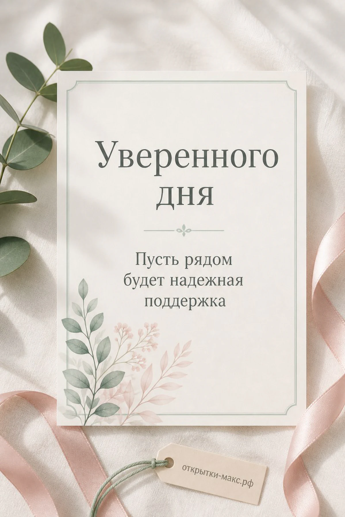 Светлая открытка «Уверенного дня» с веточками эвкалипта и розовой атласной лентой