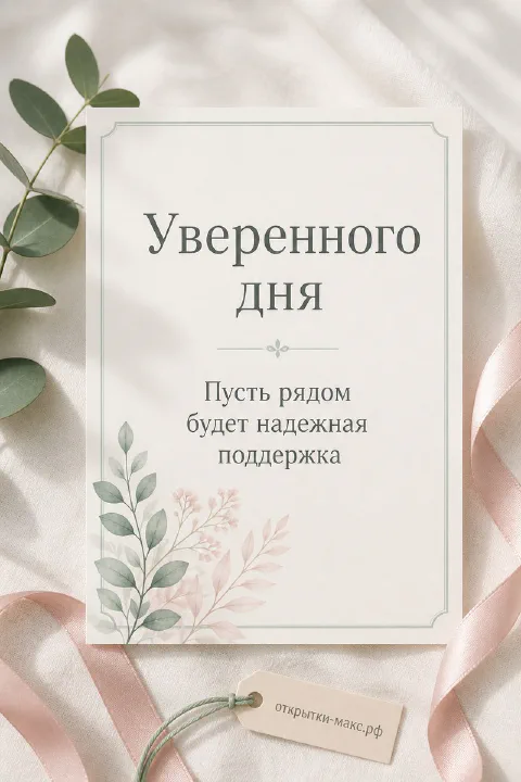 Светлая открытка «Уверенного дня» с веточками эвкалипта и розовой атласной лентой