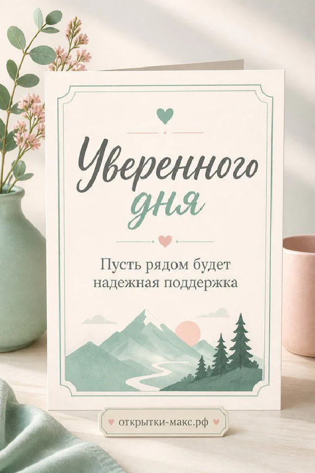 Светлая открытка «Уверенного дня» с веточками эвкалипта и розовой атласной лентой — вариант 2