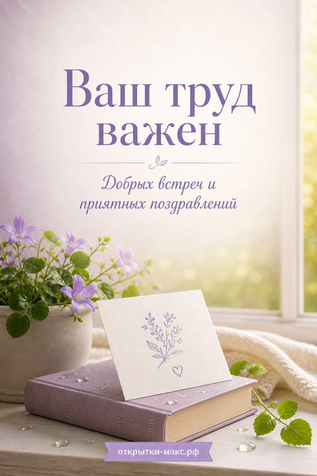 Лиловые цветы в горшке, книга с открыткой и плед на подоконнике с надписью «Ваш труд важен»