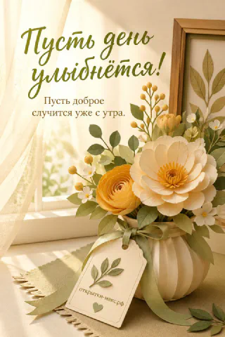Белая ваза с кремовыми и жёлтыми цветами на подоконнике с рамой и тюлем в тёплом свете